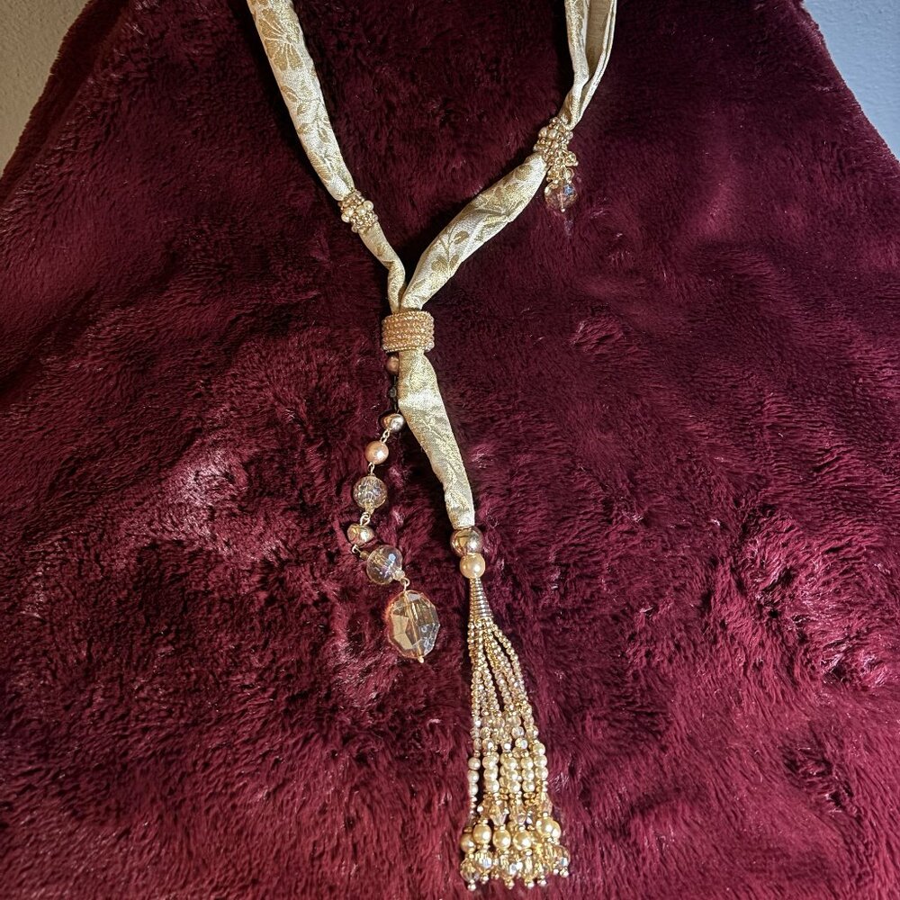 Chico’s Gold Satin Fabric Tassel Statement Necklace 20” Drop
